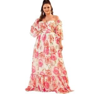 Womens Plus Size Off The Shoulder Floral Print Cut Out Ruffle Hem Chiffon Maxi D